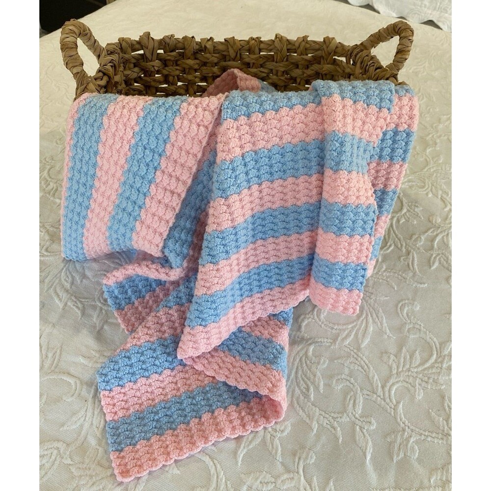 Vintage‎ Handmade Crochet Baby Afghan Pink Blue Stripes Shower Gift Christening